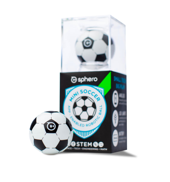 A Sphero Mini Soccer in plastic retail packaging on white background.