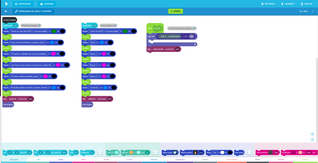 A screenshot of the Persuade Me, BOLT+ starter program in the Sphero Edu App.
