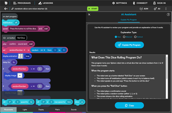 A dark mode view of the new AI Assistant Explain My Program feature in the Sphero Edu App.