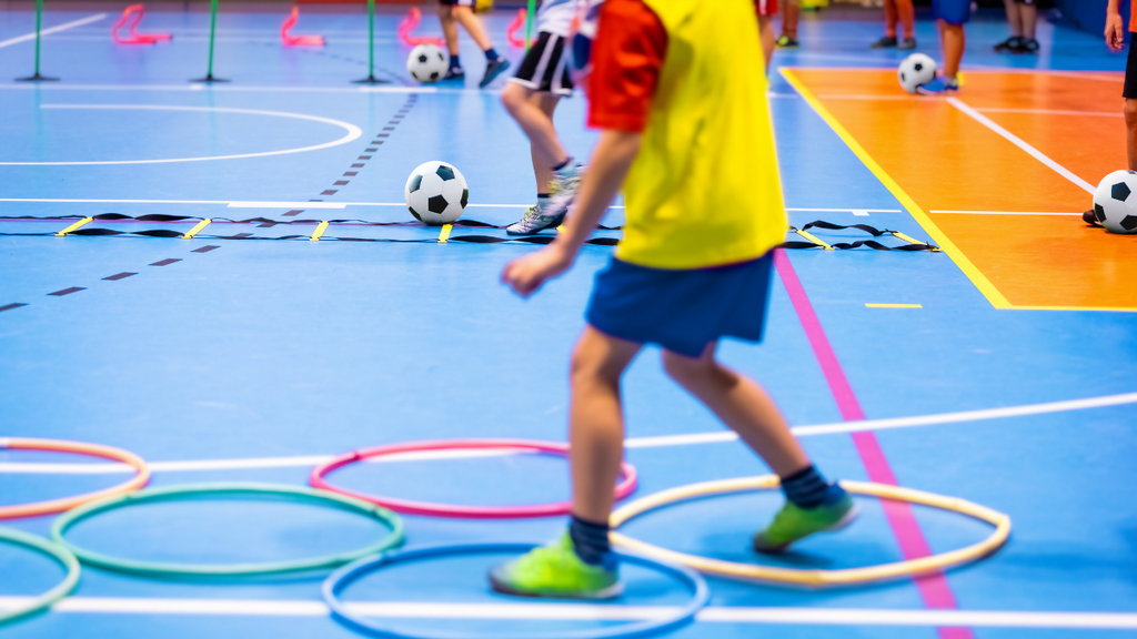 Kids in a school gym participating in various soccer drills.