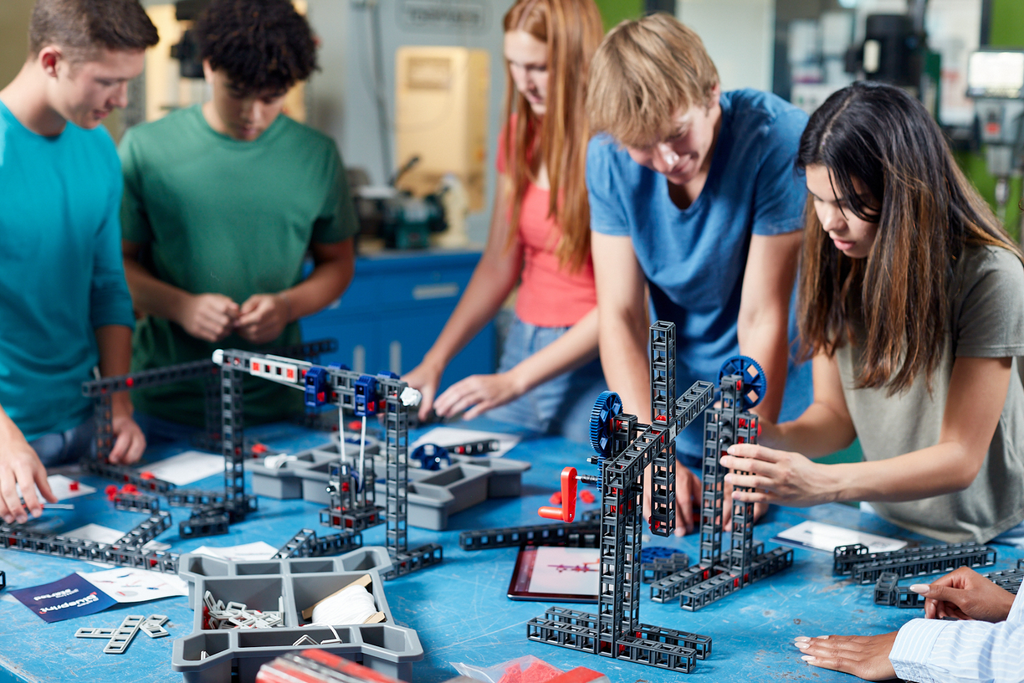 A group of students building prototypes with Sphero Blueprint.