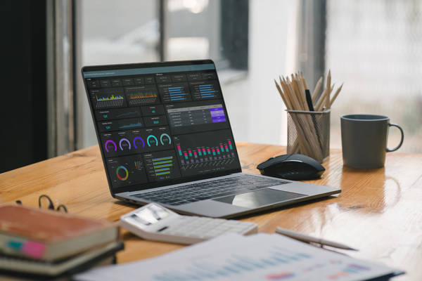 A laptop displaying a data program.