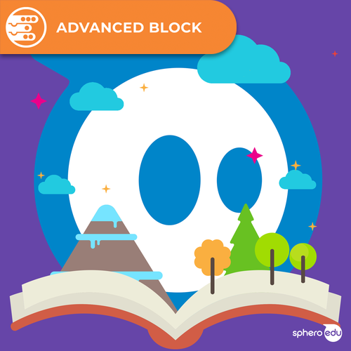 Illustration of Sphero logo with open book, trees, mountain and clouds.
